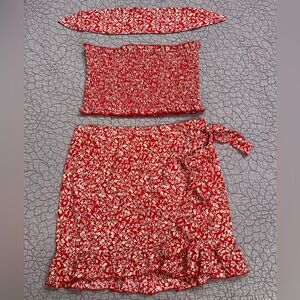Floral Red Skirt Set with matching tie/bow
